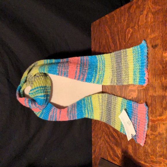 NEW! Hand Knit Wool Blend Striped Skinny Scarf Pink Olive Aqua